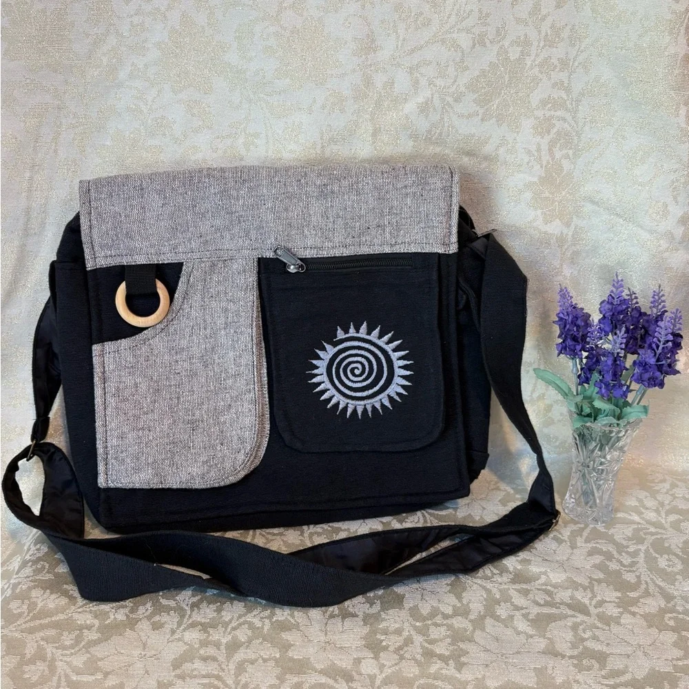 Puzzlestack’s Lukla Messenger Bag Black and Gray Embroidered Crossbody